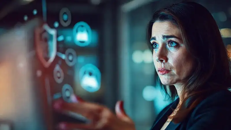 La mujer observa datos con preocupación